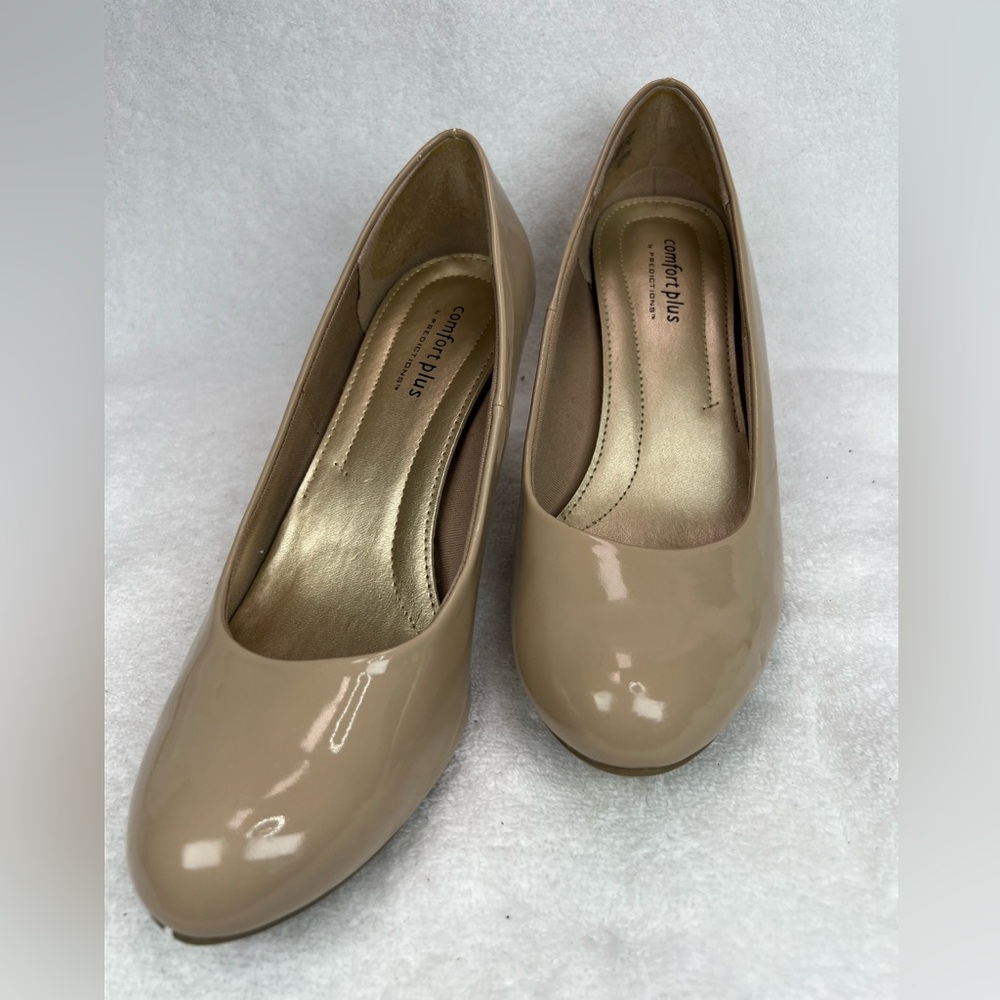 Predictions, patent leather nude comfort heels
